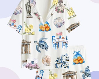 Greek Summer Watercolor Pajama Set – Mediterranean Women’s Sleepwear