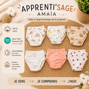 Peut inclure: Six culottes d'apprentissage en coton pour tout-petits, avec des motifs variés comme des arcs-en-ciel, dinosaures, ours, lapins, fraises et une paire pêche unie. Le texte indique APPRENTI'SAGE AMAÏA, 100% coton, Oeko-Tex Standard 100, JE SENS JE COMPRENDS J'AGIS.