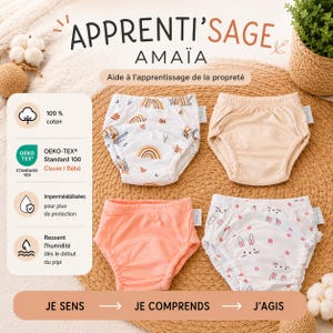 Peut inclure: Quatre culottes d'apprentissage de la propreté, incluant un modèle blanc à motifs arcs-en-ciel et feuilles, un beige uni, un pêche uni, et un blanc à pois roses et visages de lapins, avec le texte APPRENTI'SAGE AMAÏA visible sur l'image.