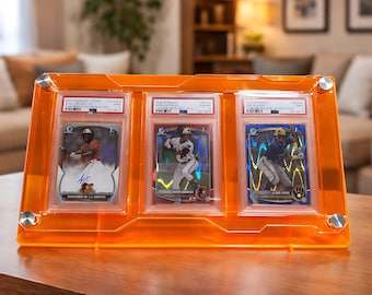 Soporte escultórico para exhibir tarjetas de certificación, soporte asimétrico de acrílico de 3 ranuras (PSA BGS SGC) – Naranja fluorescente