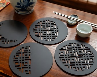 Posavasos con diseño de fases lunares estilo coreano - Juego de acrílico negro con soporte de exhibición mecanizado por CNC