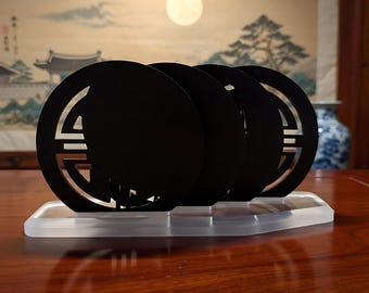 Juego de posavasos con fases lunares / Tteoksal coreano, acrílico negro con soporte CNC