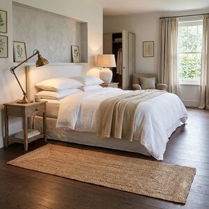 Modern Neutral Hallway Interior with Wooden Floor, Console Table, Jute Runner Rug & Warm Lighting