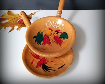 50s Rooster Wood Snack Dishes - Set of 2 - Made in Japan Mid Century