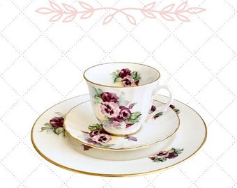 Vintage LEFTON Tea Trio - Sweet Purple & Lavender Pansies - Teacup, Saucer and Dessert Plate