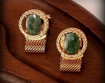 Boutons De Manchette Vintage En Jade - Finition Or, Motif Mesh (treillis), Référence #463, Occasion