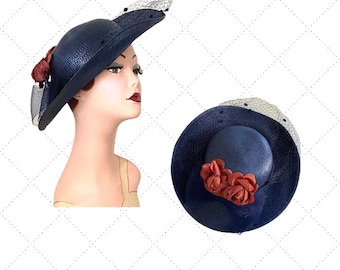 Vintage Navy Straw Brim Hat - Rusty Silk Roses - Diamond Netting - Tilt Hat - 22 Inch