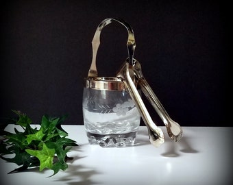 80s Petite Etched Glass Ice Bucket - Chrome, Handle & Tong - Personal Ice Bucket - Gift for "Her Bar" - Add a Miniature Bottle FAV Spirits