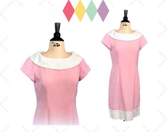 60s Bubble Gum Pink Dress - Cotton - White Bertha Collar - Cap Sleeves - Delightful Summer Dress - Vintage Dress - Size SMALL