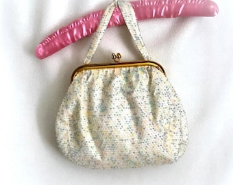 1950s White Bead Handbag - Top Handle - Shiny Gold Tone Trim & Hardware - Clean White Cotton Lining - Lovely Vintage Handbag