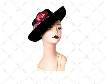 Vintage Black Wool Brim Hat - Pink & Burgundy Flowers - CACHE