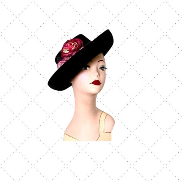 Chapeau à bord en laine noire vintage - Fleurs roses et bordeaux - CACHE