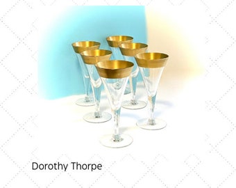 6 DOROTHY THORPE Aperitif Glasses - Gold Band Rimmed - Vintage Bar Ware