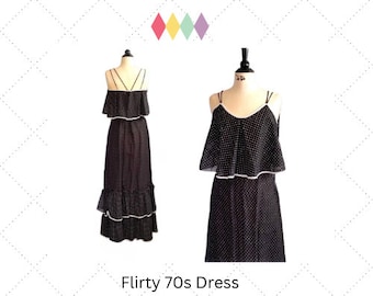 70s Dotted Swiss Maxi Dress - Fun Flirty Ruffles - Black & White Sleeveless Dress - My Way, Leslie Fay - Size Small
