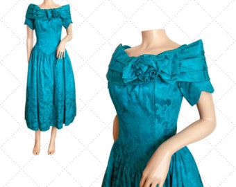 70s JESSICA McCLINTOCK Dress - Teal Brocade - Basque Waistline - Gorgeous - Size XS