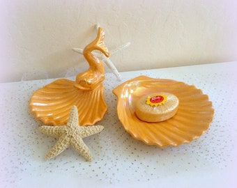 Seashell Soap Dish Set - Seashell Fish Motif - Beach Decor - Gold Glazed Ceramic - Vintage LEO - Vintage Bath