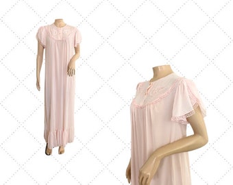 NOS 60s Pink Sheer Nightgown - NANCY KING Lingerie - Flutter Sleeves and Ruffled Hem