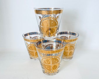 CULVER Old Fashioned Glasses - 1960s - Brilliant 22K Gold Floral Design - Set of 4 - Double Rocks Glasses - Gift Giving Worthy