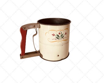 Vintage Flour Sifter - Red Tulips on Cream Enamel - Farmhouse Decor - Rustic Decor - ANDROCK USA Flour-Sift