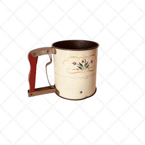 Vintage Flour Sifter - Red Tulips on Cream Enamel - Farmhouse Decor - Rustic Decor - ANDROCK USA Flour-Sift