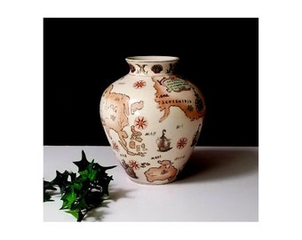 Vintage Asian Map Crock - Encircled with the 7 Continents - Accent Piece - Made in China