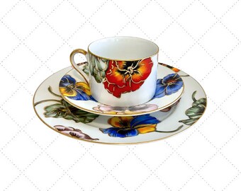 FITZ & FLOYD PANSY Tea Trio - Teacup, Saucer and Dessert Plate - Made in Japan