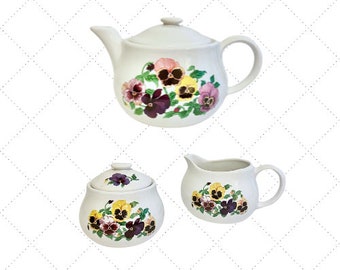 Vintage Pansy Teapot Set - Purple, Pink and Yellow Pansies - Teapot, Creamer & Sugar Bowl