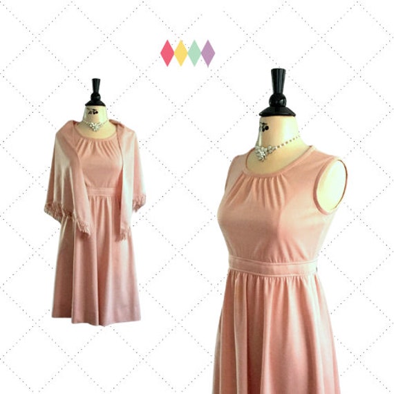 70s Peach Dress & Fringed Shawl - Pretty in Peach… - image 1