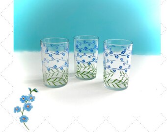 Trio of Swanky Swigs - Blue Forget-Me-Nots - Highly Collectible Vintage Juice Glasses