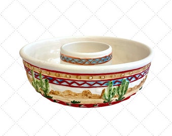 70s Southwest Chip and Dip Bowl - Cactus, Chili Peppers, Desert Motif - Glazed Ceramic - Vintage Bowl