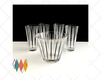 MCM Atomic Bar Set - 4 Highball Glasses / Ice Bucket - Black & White Vertical Stripes with Gold Gilt Accents - Vintage Barware