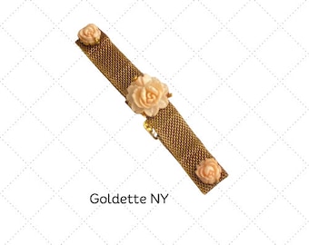 60s Goldette NY Bracelet - Gold Tone Mesh - Palest Peachy Pink Molded Resin Roses - Beautiful