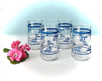 50s Sweet Blue Flower Drinking Glasses - Set of 4 - Blue Floral Glasses - Vintage Table Ware