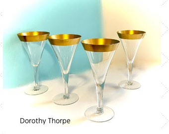 4 DOROTHY THORPE Wine Glasses - Gold Band - Gold Rimmed - Stemmed Vintage Bar Ware