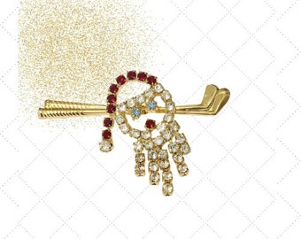 70s Santa Golf Brooch - Sparkling Rhinestones on Pair of Golf Clubs - Gold Tone Setting - Adorable