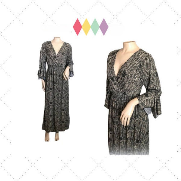 90s Maxi Hostess Dress - Classy Black & Beige Abstract Print - Deep V Surplice Neckline - Ruched Elasticized Waist - Long Sleeves - Size XS