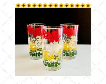 Mid Century Floral Drinking Glasses - ANCHOR HOCKING - Farmhouse Decor - Set of 3 - Mid Century Charm