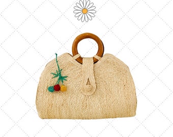 70s Summer Straw Tote / Handbag - Wood Handles - Bold Flower Accents - Fun Vintage Purse