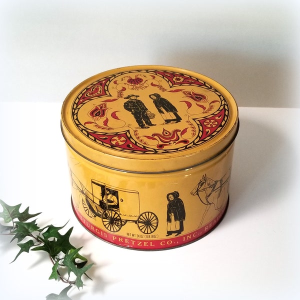 1950s STURGIS PRETZEL CO. Tin - Wonderful Amish Motif with Horse & Buggies - Vintage Tin - Primitive Decor