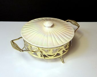 50s Iridescent Covered Serving Dish & Gold Tone Metal Holder / Caddy