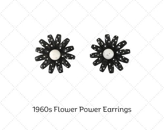 60s Black FLOWER CLIP EARRINGS - Black and White Polka Dots - So Cute
