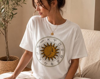 Koszulka z motywem zodiaku, Comfort Colors®, Koszulka z horoskopem niebiańskim, Koszulka z konstelacją Słońca i Księżyca, Koszulka z mistycznym znakiem zodiaku, Prezent z astrologii kosmicznej