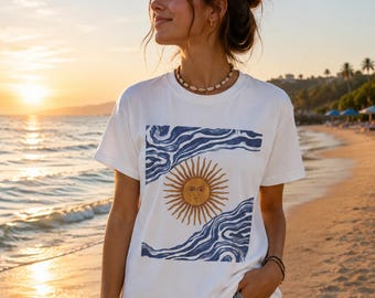 Koszulka z grafiką Sun Face Wave | Koszulka z grafiką Celestial Sun