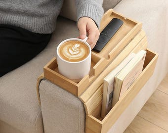 Mothers Gift，Sofa Arm Tray Table,Wood Armrest Table with Phone Stand&Cup Holder,Couch Arm Rest Table,Snack and Drink Tray,Work Laptop Table