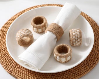 Anillos para servilletas de lino y hierba hechos a mano, servilleteros naturales, decoración de mesa estilo granja bohemia, decoración para cenas de boda, regalo de inauguración de casa