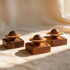Könnte beinhalten: Drei Holzskulpturen von Planeten. Jede Skulptur zeigt eine dunkelbraune Kugel mit einem helleren braunen Ring oder Ringen, die auf einem quadratischen Holzsockel platziert ist. Die Skulpturen werden auf einer neutralfarbenen Oberfläche präsentiert.
