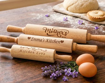 Personalized Baking Rolling Pin, Engraved Wooden Rolling Pin for Mom, Custom Kitchen Gift for Mothers Day or Grandma
