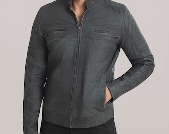 Chaqueta de moto Cafe Racer Preston Grey / Ropa de motociclista de corte entallado para hombre