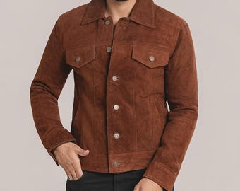 Chaqueta de camionero de ante marrón para hombre / Chaqueta de cuero hecha a mano / Abrigo casual estilo vintage para hombre