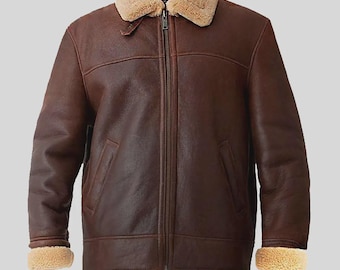 Chaqueta bomber de piel de oveja para hombre: piel auténtica, marrón/negra, abrigo de aviador cálido.